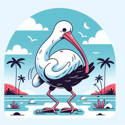 A white ibis stands on a tropical beach