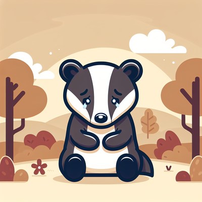 A sad badger sits in a forest