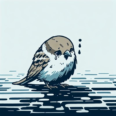 A small sparrow cries on a dark, patterned surface