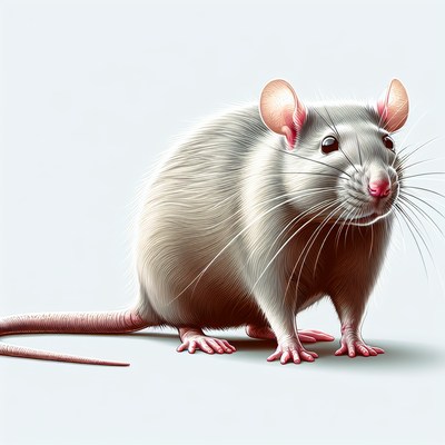 A white rat sits on a light blue background