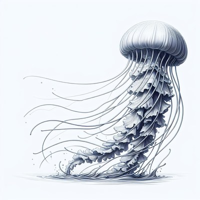 A detailed drawing of a jellyfish swimming in the ocean