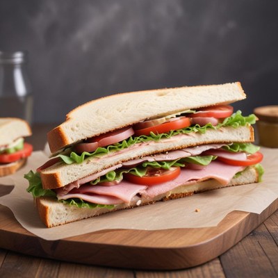 A ham and tomato sandwich on a wooden board