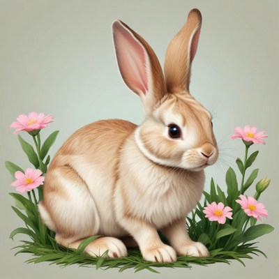 A fluffy bunny sits in a field of flowers