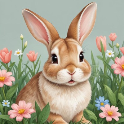 A cute brown rabbit sits in a field of flowers