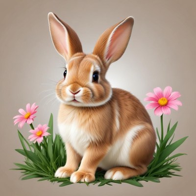 A brown rabbit sits in the grass with pink flowers