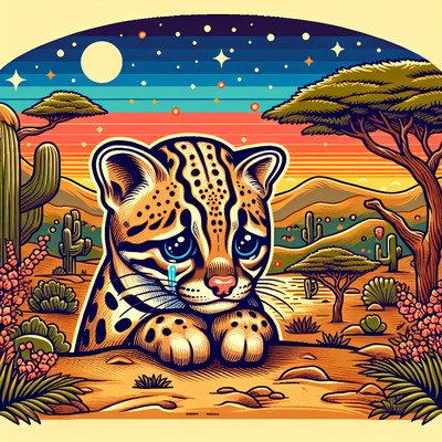 A sad ocelot sits in a desert landscape at night