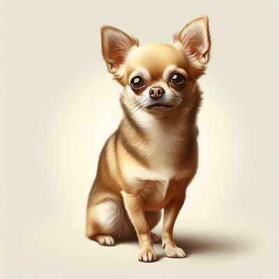 A brown chihuahua sits on a light background