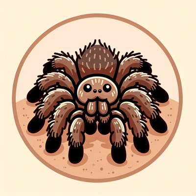 A cute brown tarantula is standing on the sand