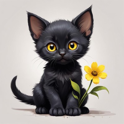 A black kitten sits with a yellow flower