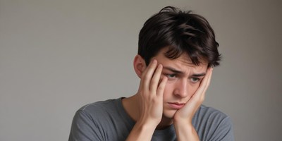 A young man looks sad and holds his head in his hands