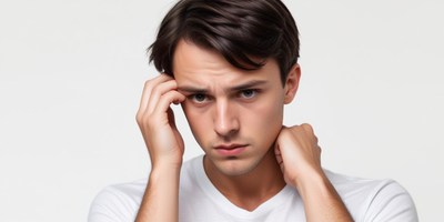 A young man looks worried while touching his face