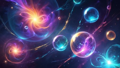 A cosmic scene with glowing orbs and swirling energy