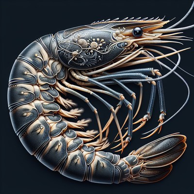 Close-up of shrimp, highlighting its intricate anatomy