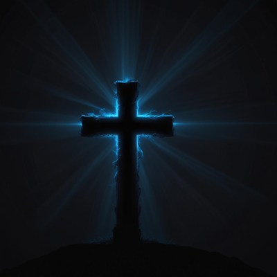 A blue light shines from a cross in the darkness