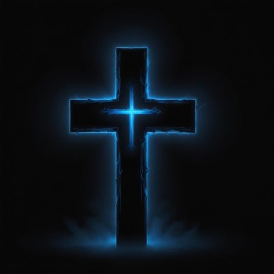 A glowing blue cross in the darkness