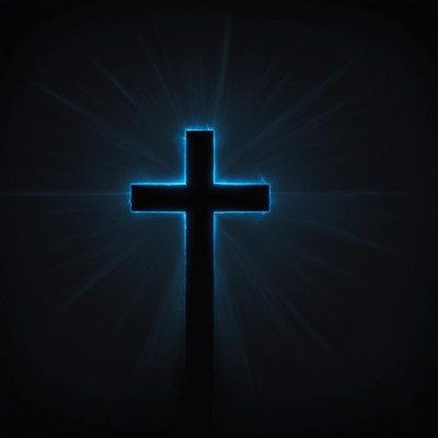 A blue glow surrounds a cross in the dark
