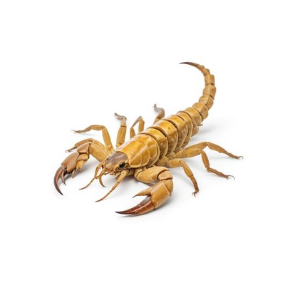 A yellow scorpion is shown on a white background