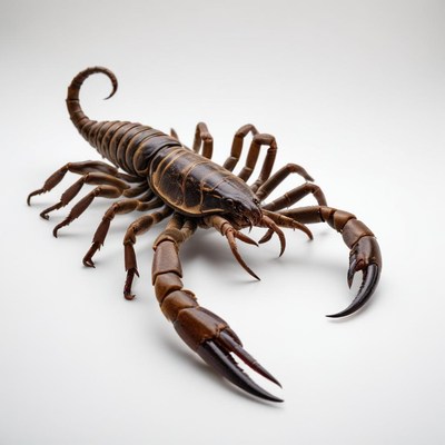 A brown scorpion rests on a white background