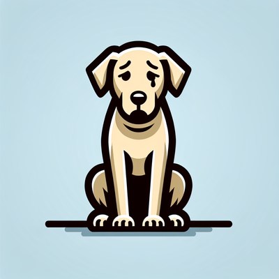 A sad yellow labrador sits on a blue background