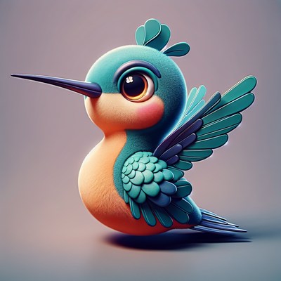 A cartoon hummingbird with big eyes poses cutely
