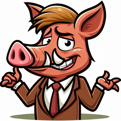 A cartoon pig in a suit shrugs