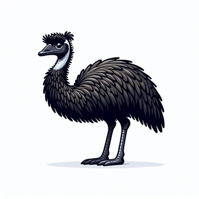 A black emu stands on a white background