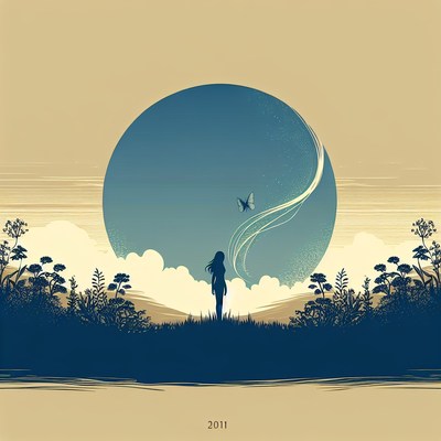 A woman stands in a field, watching a butterfly fly away