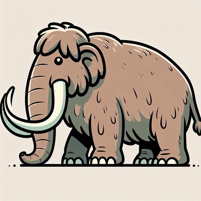 A cartoon woolly mammoth stands on a plain background