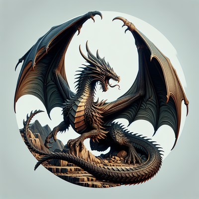 A black dragon with golden scales stands on a rocky mountain