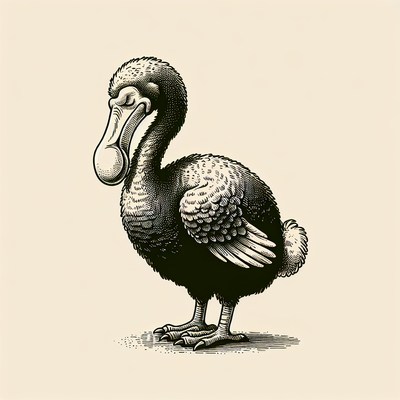 A black and white illustration of a dodo