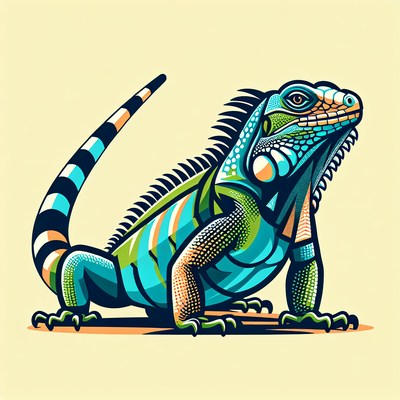 A green and blue iguana stands on a light yellow background
