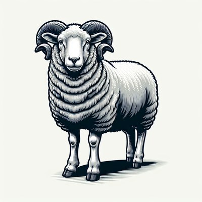 A white ram with curled horns stands on a light background