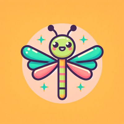 A green dragonfly grins on a pink-orange background