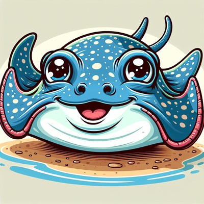 A cute, blue stingray smiles from the sand