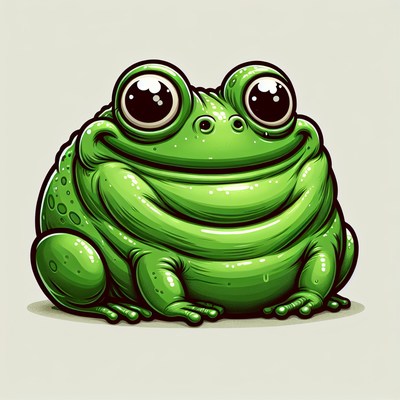 A cartoon frog smiles and stares with large eyes