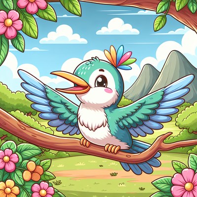 A blue bird sings on a branch in a green forest