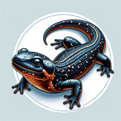 A blue and orange salamander on a white background