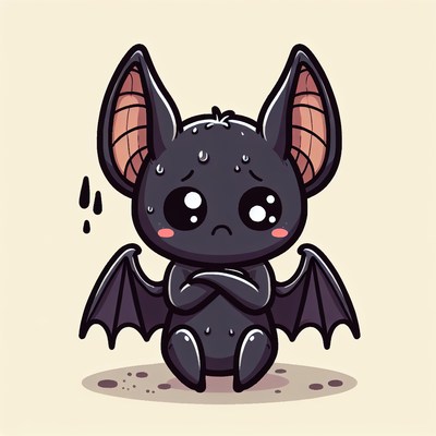 A sad cartoon bat sits with its arms crossed