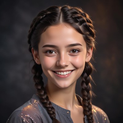Smiling young woman with braided hair against dark backdrop