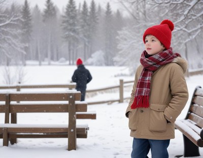A boy in a red hat stands in the snow
