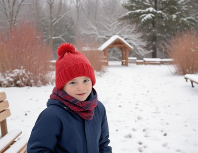A young boy in a red hat stands in the snow