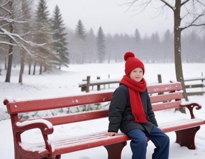 A boy sits on a red bench in a snowy park