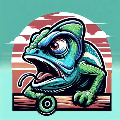 A chameleon skateboarding at sunset