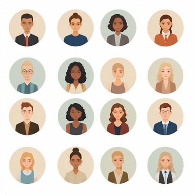 A diverse group of 16 people in circle avatars