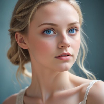 A close-up portrait of a young woman with blonde hair