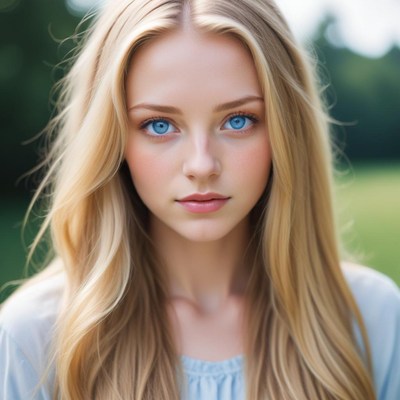 Blonde-haired, blue-eyed woman gazes at camera