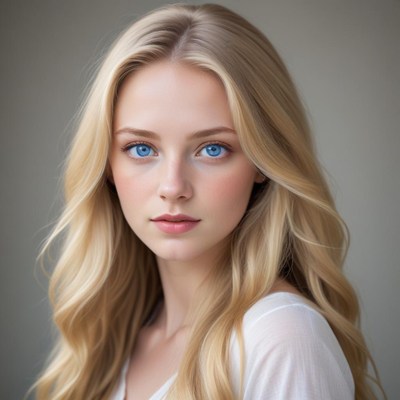 A woman with long blonde hair gazes at the camera