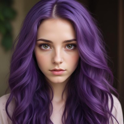 A woman with purple hair stares intently at the camera