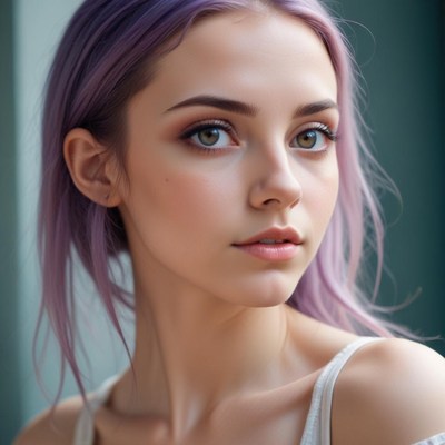 A woman with purple hair looks to the side