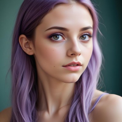 A woman with purple hair looks off to the side